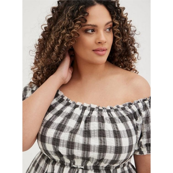 Torrid Off Shoulder Gingham Seersucker Midi Dress 3X Pockets Cottagecore - Picture 3 of 16